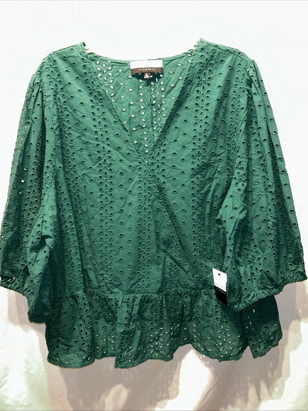 Eloquii Elements Women’s Size 26 Eyelet Peplum Blouse Top Green Summer Party
